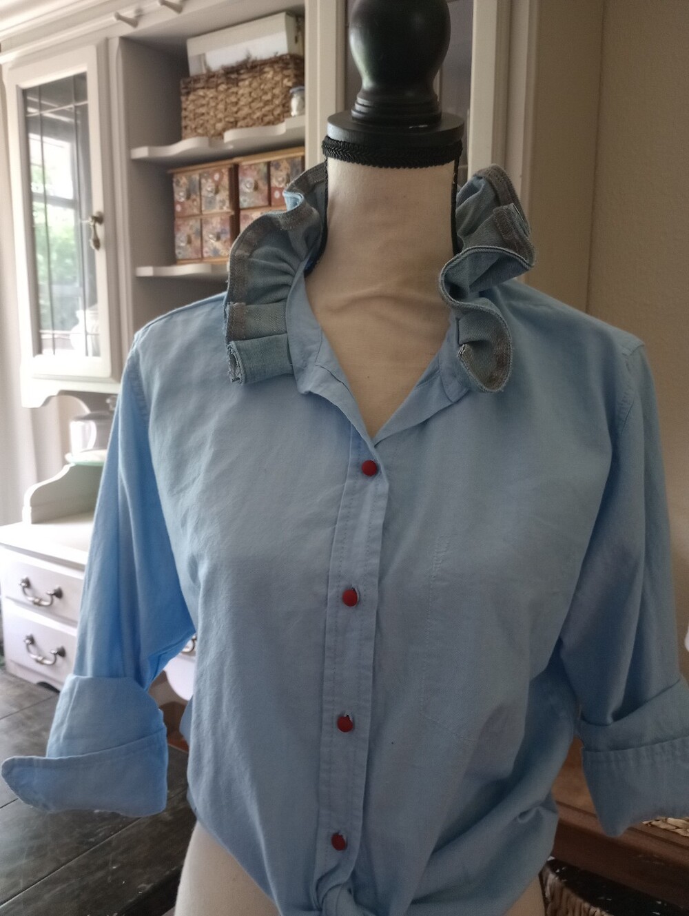 Light Blue Ruffle Collar Button-Up Shirt